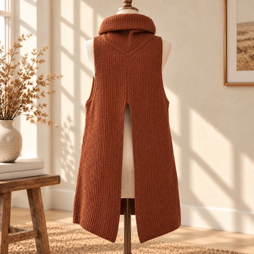 Free People Earthy Lambswool Sweater Vest L Rust Turtleneck Split Back Autumn
